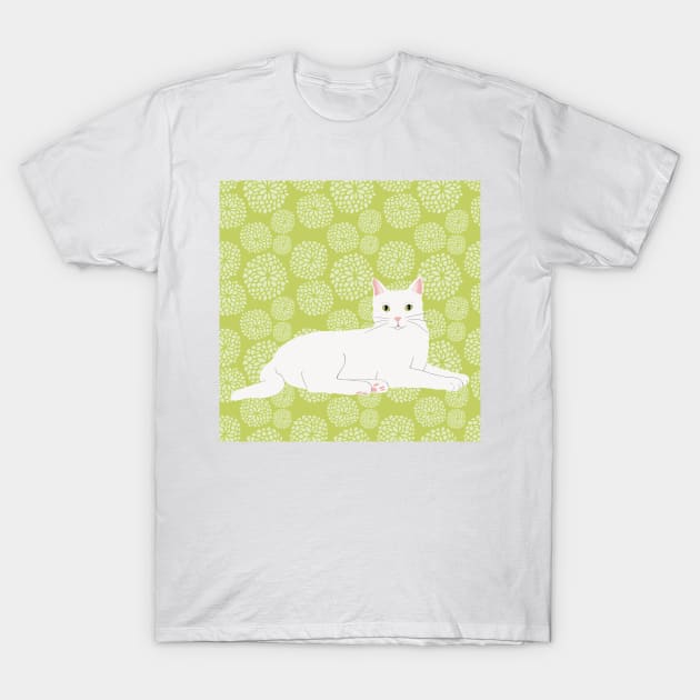 The cute and alert white cat is waiting and watching you in a fresh spring green meadow T-Shirt by marina63